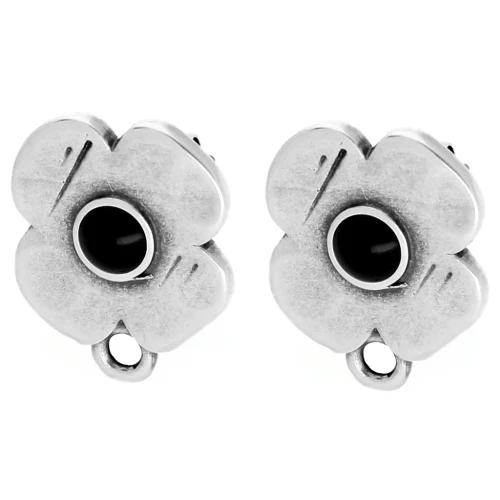 Flower stud earrings 16x13 mm epoxy resin Antique silver plating - Black x2