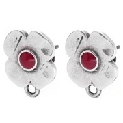 Flower stud earrings 16x13mm epoxy resin Antique silver plating - Red x2