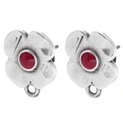 Flower stud earrings 16x13mm epoxy resin Antique silver plating - Red x2