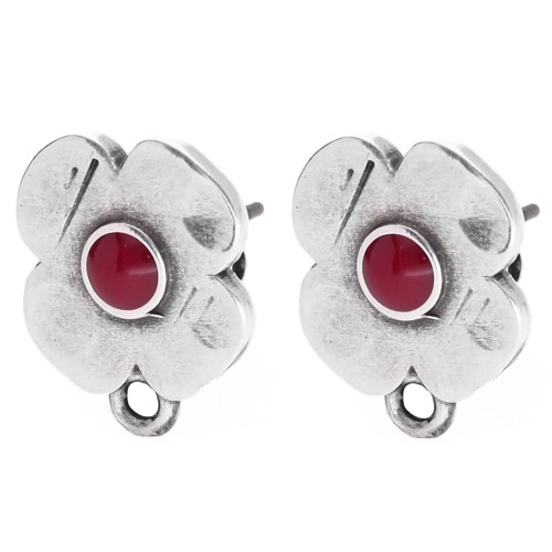 Flower stud earrings 16x13mm epoxy resin Antique silver plating - Red x2