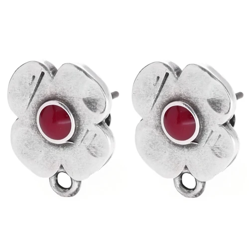 Flower stud earrings 16x13mm epoxy resin Antique silver plating - Red x2