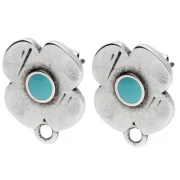Flower stud earrings 16x13mm epoxy resin Fine silver plating Old Turquoise x2