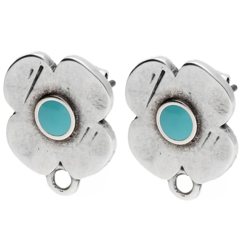 Flower stud earrings 16x13mm epoxy resin Fine silver plating Old Turquoise x2