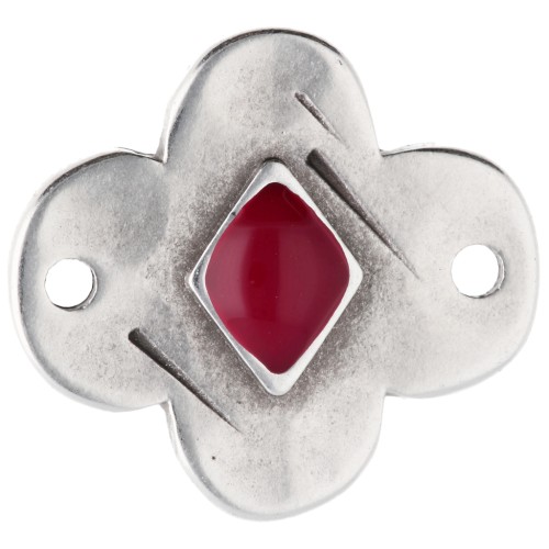 Flower spacer 19x17 mm with epoxy resin - Aged fine silver veneer - Red
