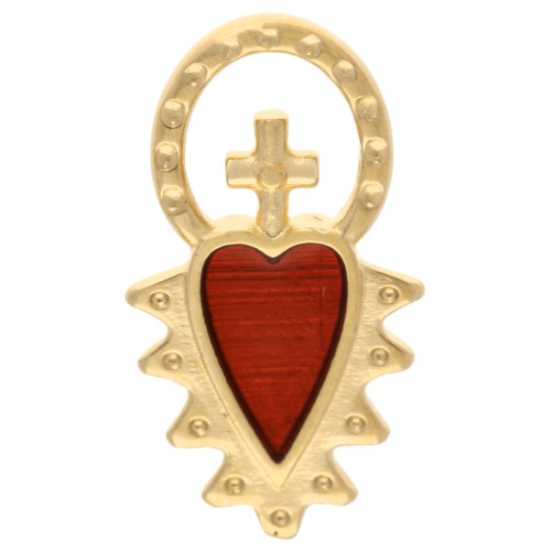 Heart charm ex-voto with cross 17x9 mm epoxy resin - Gilded with fine gold - Red