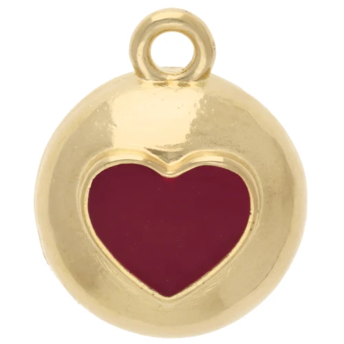 13 mm round pendant - epoxy resin heart - Gilded with fine gold - Red x1