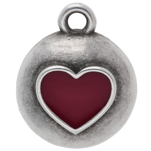 13 mm round pendant - epoxy resin heart - Antique silver plating - Red