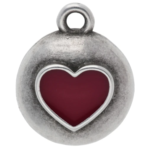 13 mm round pendant - epoxy resin heart - Antique silver plating - Red