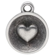 13 mm round pendant - epoxy resin heart - Antique silver plating - Red