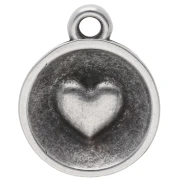 13 mm round pendant - epoxy resin heart - Antique silver plating - Red