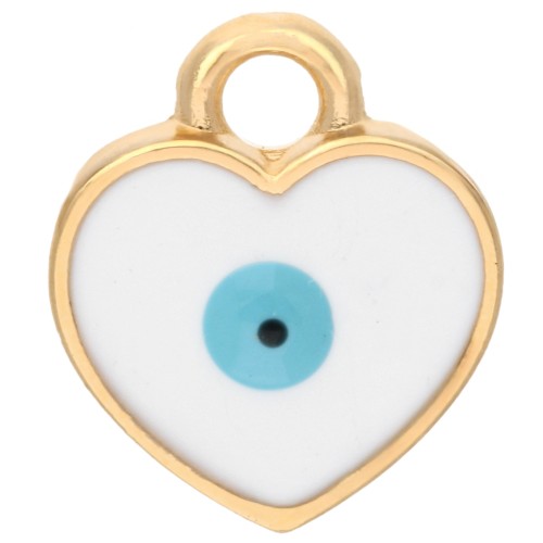 Heart charm 11x9.5 mm - Eye motif - Epoxy resin - Gilded with fine gold - White x1