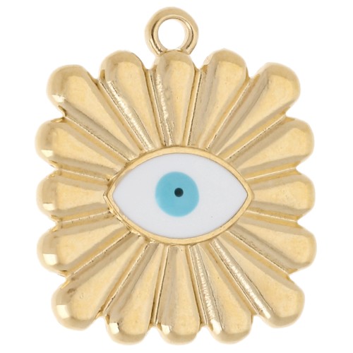 Square pendant 24x20 mm - eye motif - Gilded with fine gold - White - Blue x1