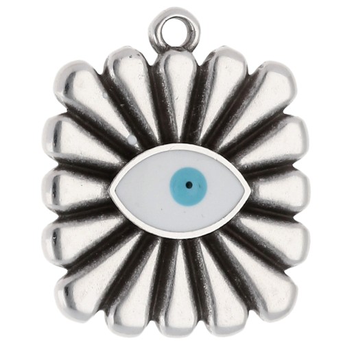 Square pendant 24x20 mm - eye motif - Antique fine silver plating - White - Blue