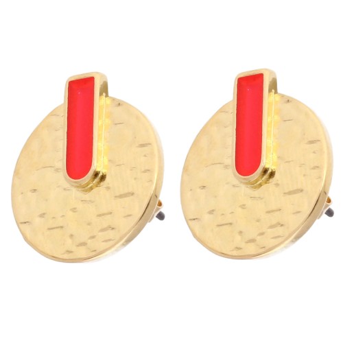 Round hammered earrings 16 mm - Gilded with fine gold - Fluorescent coral x2