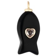 26x12 mm fish pendant with CZ heart and gemstone - Black Obsidian x1