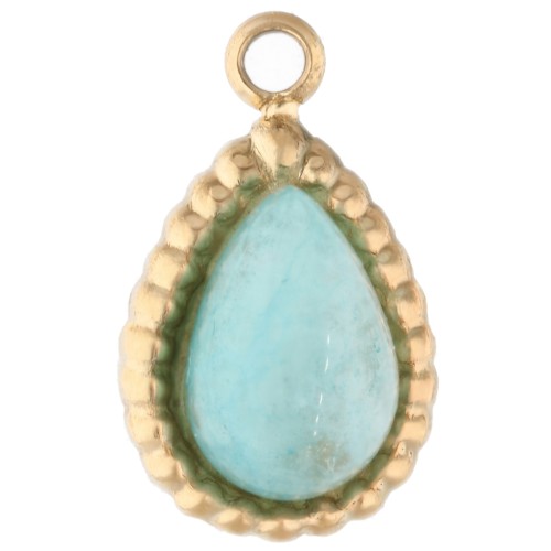 10x6 mm Teardrop Charm with Gemstone - Gold-Plated 304 Stainless Steel, Tinted Amazonite x1