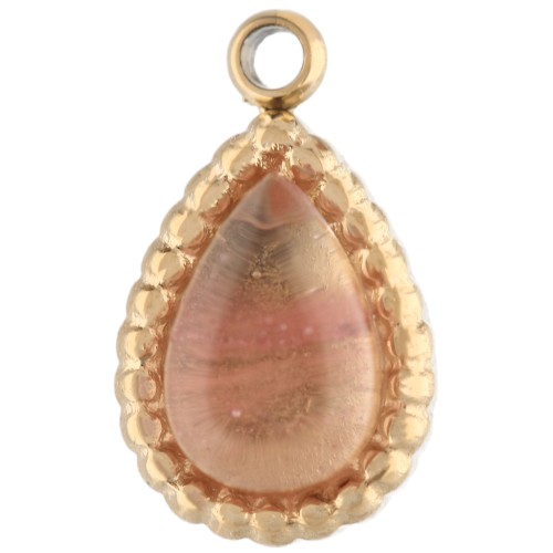 10x6 mm teardrop charm with gemstone, 304 stainless steel, gold-plated, tinted Strawberry Quartz