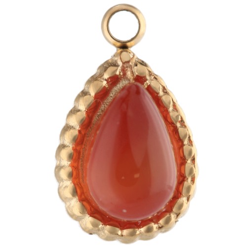Drop charm 10x6 mm gemstone - 304 Stainless steel Gilded - Imitation Carnelian