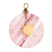 15mm Round Charm with Sun Design - Gold-Plated 304 Stainless Steel - Tinted Strawberry Quartz