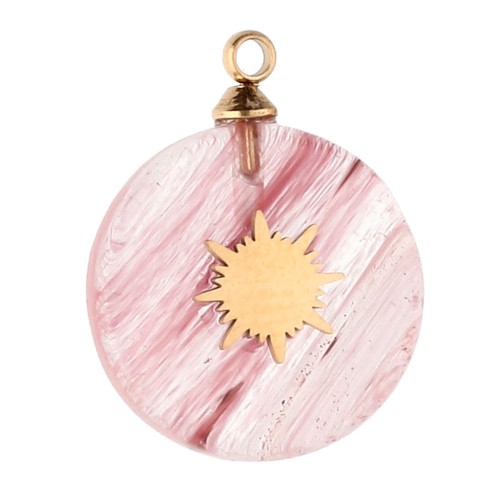 15mm Round Charm with Sun Design - Gold-Plated 304 Stainless Steel - Tinted Strawberry Quartz