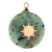 15 mm round charm with sunburst design - 304 Gold stainless steel - African Turquoise x1