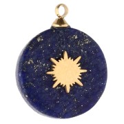 15 mm Round Charm with Sun Design - Gold-Plated 304 Stainless Steel - Lapis Lazuli x1