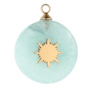 15 mm Round Charm with Sun Design - Gold-Plated 304 Stainless Steel - Dyed Amazonite x1