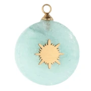 15 mm Round Charm with Sun Design - Gold-Plated 304 Stainless Steel - Dyed Amazonite x1