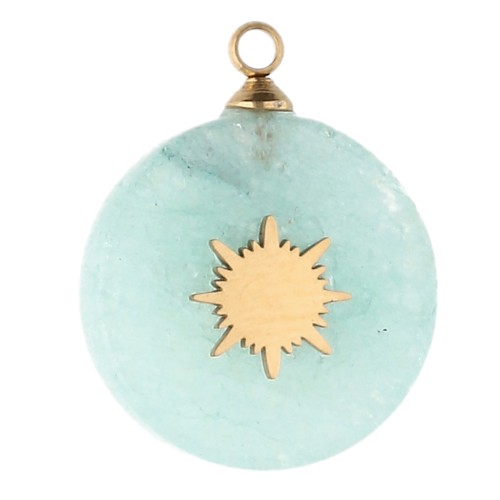 15 mm Round Charm with Sun Design - Gold-Plated 304 Stainless Steel - Dyed Amazonite x1
