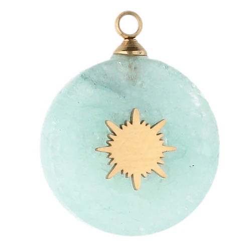 15 mm Round Charm with Sun Design - Gold-Plated 304 Stainless Steel - Dyed Amazonite x1