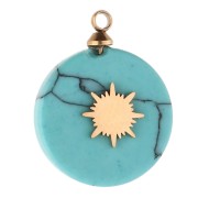 15 mm round sunburst charm - 304 gold stainless steel - Turquoise imitation x1