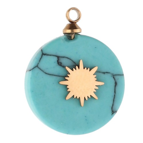 15 mm round sunburst charm - 304 gold stainless steel - Turquoise imitation x1