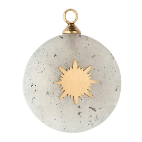 15 mm round charm, sunburst design - 304 stainless steel, gold-plated - Labradorite x1