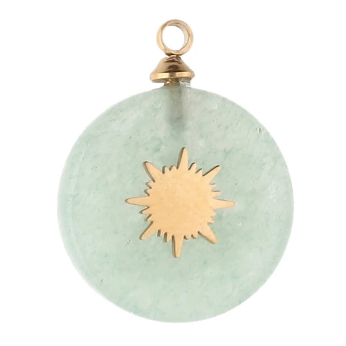 15 mm round sunburst charm - 304 gold stainless steel - Aventurine x1