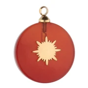 15 mm round charm, sunburst design - 304 gold stainless steel - Imitation carnelian x1