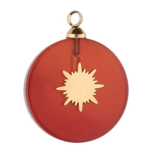15 mm Round Charm with Sun Design - Gold-Plated 304 Stainless Steel - Dyed Carnelian x1