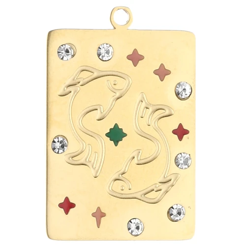 Rectangle pendant 27.5x18 mm - zodiac sign Pisces - 304 stainless steel, gold-plated