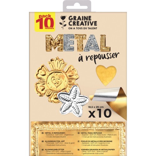 Pack of 10 metal embossing sheets 29x18.5cm Graine Creative - Gold - Silver