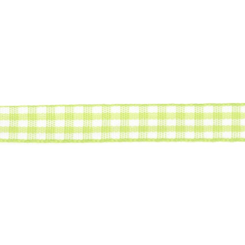 10 mm polyester gingham ribbon - Light green - White x1m