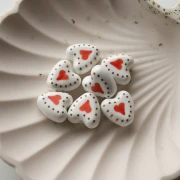 Ceramic heart bead 14.5 mm - Heart motif - White - Red x1
