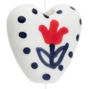 15 mm ceramic heart bead - flower motif - White - Grey - Red x1|raw }}