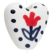 15 mm ceramic heart bead - flower motif - White - Grey - Red x1