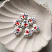 15 mm ceramic heart bead - flower motif - White - Grey - Red x1