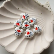 15 mm ceramic heart bead - flower motif - White - Grey - Red x1