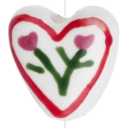 14 mm ceramic heart bead - flower motif - White - Red x1