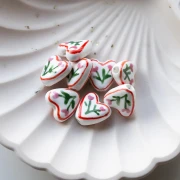 14 mm ceramic heart bead - flower motif - White - Red x1