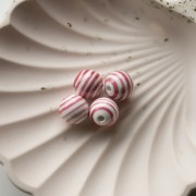 Round striped ceramic beads 12 mm - White - Old pink x4