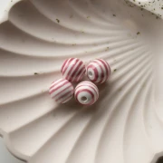 Round striped ceramic beads 12 mm - White - Old pink x4