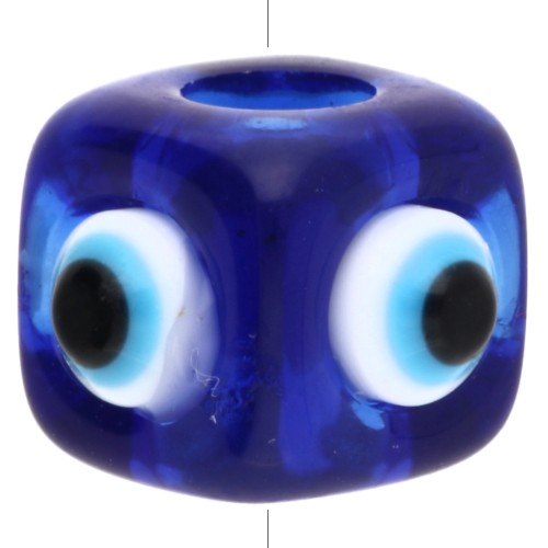 Resin cube bead 8 mm - raised eye motif - Navy blue - White - Blue x1