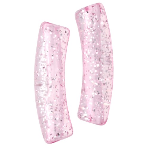 19x5 mm curved tube beads in transparent acrylic - Pink Glitter Silver x10